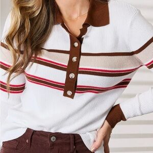 Basic Bae Striped Collared Neck Rib-Knit Top